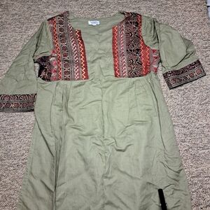 Olive Green Dress with Red and Black Patterned Accents